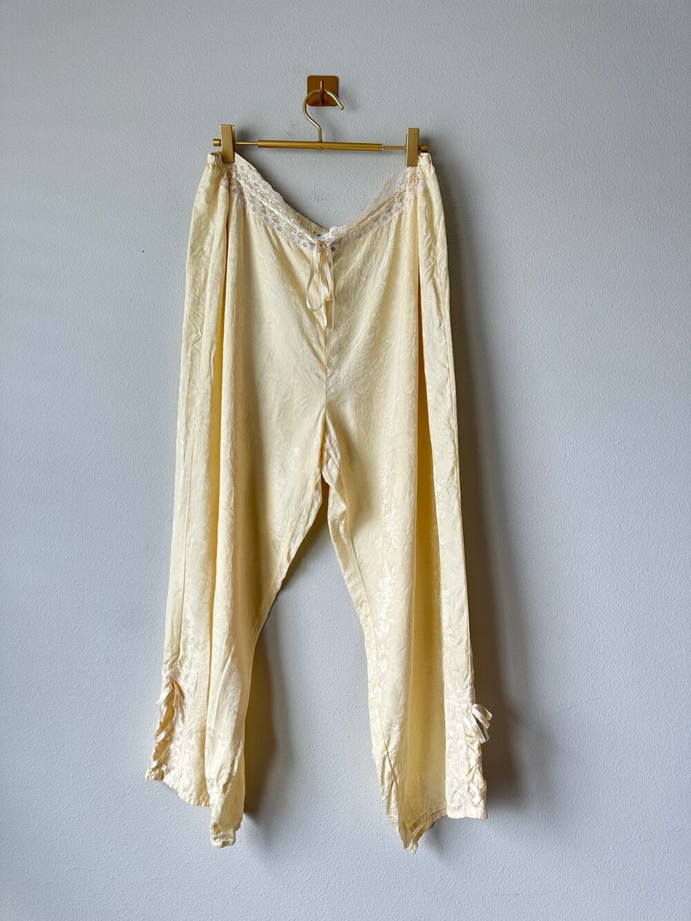 100% Silk Ivory Cream Jacquard Lace Wide Leg  Cropped Pants Coquette Lingerie XL